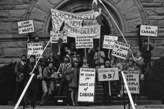 Protestors on the steps of the Nanaimo Court during the Sulphur Passage campaign in 1988.