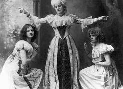 Production of The Bridal Trap in Victoria, 1908. From left: Miss Stoddart as Marion, Miss H. Kent as The Marquise and Miss Carter as Rosette. BC Archives G-00198