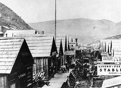Main street of Barkerville, the centre of the Cariboo gold rush, early in 1868. BC Museum of Mining